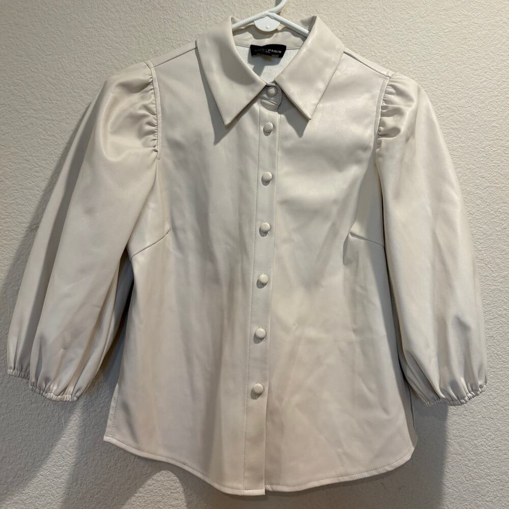 Lucy Paris Ivory Faux Leather Collared 3/4 Sleeve Button Front Blouse Size XS
